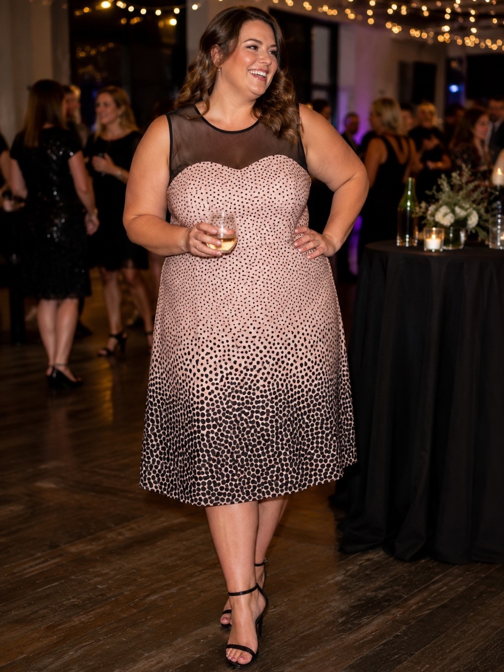 Blush pink dress with ombre polkadots, midi 16W and sleeveless with sheer top.